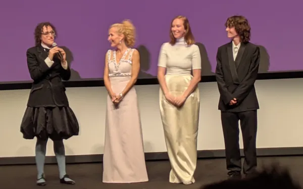 Jane Schoenbrun, Gillian Anderson, Hannah Einbinder and Jack Haven onstage at Cannes