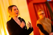 Brydie O'Connor speaking during a Q&A in Berlin. 'The specific idea that I wanted to build the feature around was this idea of Barbara narrating her own life story'