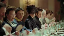 Rudolf, Crown Prince of Austria (Aaron Friesz) with his mother Empress Elisabeth (Vicky Krieps) and Marie Festetics (Katharina Lorenz) at dinner