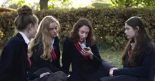 Salomé (Adilé David), Romy (Ninon François), and Adèle (Mathilde Riu) with Fanny (Louise Labèque) in Zombi Child