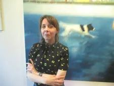 Timothy Greenfield-Sanders shoots Anne-Katrin Titze in front of a painting by Isca Greenfield-Sanders
