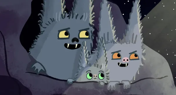 Two adults bat and a baby bat peer out of their den smiling in this animated still
