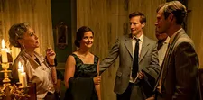 Karen Blixen (Birthe Neumann) hosting Benedicte Jensen (Asta Kamma August), Knud W. Jensen (Anders Heinrichsen), and Thorkild Bjørnvig (Simon Bennebjerg)