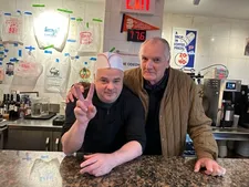 Brooks Headley with Ed Bahlman behind the bar at Superiority Burger