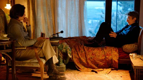 Emmanuelle Devos as Marie Claire journalist Michèle Manceaux interviewing Yann Andréa (Swann Arlaud) on his relationship with Marguerite Duras in Claire Simon’s beautifully staged I Want To Talk About Duras