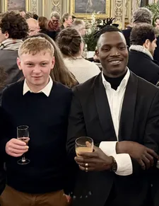 A couple of swells: Clement Faveau (best male newcomer for Holy Cow) and right Abou Sangare (best actor for The Story of Souleymane) at the Hotel de Ville reception following the Lumière Awards ceremony.