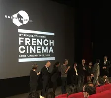 Lining up at the Gaumont Opera Capucines - the team from A Mighty Team with Unifrance’s Jean-Paul Salomé and Isabelle Giordano (second and third from left).