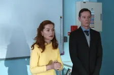 Madame Hyde (Isabelle Huppert) with her intern (Guillaume Verdier)