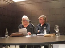 Jamie Nares with Thurston Moore at the Ecstatic Peace Library Rock ’n’ Roll Round Table at The Algonquin