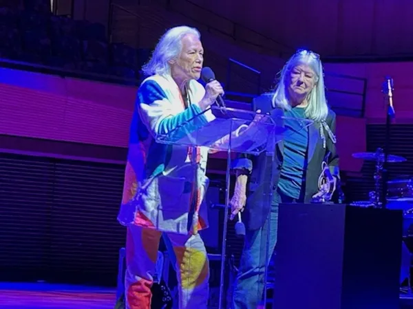 June Millington and Alice de Buhr (of Fanny) accepting the inaugural American Songbook Award (presented by Shanta Thake and Toshi Reagon) at the Gossip and ESG: Honoring Fanny tribute, co-curated by Kathleen Hanna and Tamar-kali
