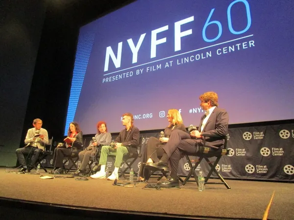 Dennis Lim with All the Beauty and the Bloodshed director Laura Poitras, P.A.I.N. activists Nan Goldin, Harry Cullen, Megan Kapler, and the organisation’s lawyer Mike Quinn