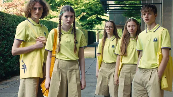 Ms Novak’s (Mia Wasikowska) students Fred (Luke Barker), Ragna (Florence Baker), Helen (Gwen Currant), Elsa (Ksenia Devriendt), and Ben (Samuel D Anderson) in Jessica Hausner’s bewitching Club Zero