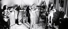 Jean Millington, Nickey Barclay, Brie Howard Darling, Alice de Buhr and June Millington; Fanny rehearsing at Fanny Hill