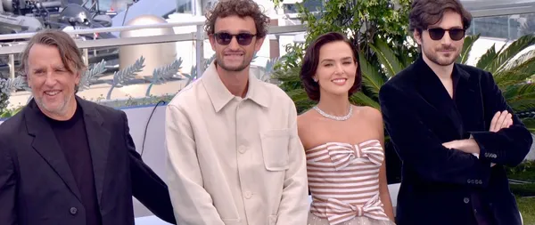 Nouvelle Vague team line-up in Cannes, from left: Richard Linklater, Aubry Dullin (who plays Jean-Paul Belmondo); Zoey Deutch (who plays Breathless’s leading lady Jean Seberg) and Guillaume Marbeck (who incarnates Jean-Luc Godard)