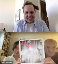 Philippe Lesage with Anne-Katrin Titze and Ed Bahlman holding up the B-52s original Rock Lobster/52-Girls  record (1978)