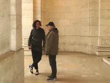 Susanne Wolff with Volker Schlöndorff on the set at the New York Public Library for Return to Montauk