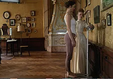 Sisi (Vicky Krieps) being weighed in by Ida Ferenczy (Jeanne Werner), her lady-in-waiting