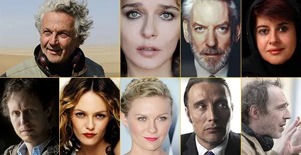 Cannes jury line-up, clockwise from top left, George Miller (president), Valeria Golino, Donald Sutherland, Katayoon Shahabi, Arnaud Desplechin, Mads Mikkelsen, Kirsten Dunst, Vanessa Paradis and Laszlo Nemes. 