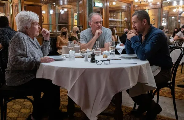 Christian Carion, centre, on the set of Driving Madeleine with Line Renaud and Dany Boon. Carion: 'Because of the pandemic, we had to imagine another way of shooting, in the studio. We did it for Line, because when we shot she was 93, so she was very precious'