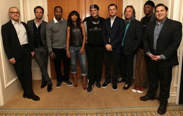 Django Unchained's Christoph Waltz, Walton Goggins, Jamie Foxx, Kerry Washington, Quentin Tarantino, Leonardo DiCaprio, Don Johnson, Samuel L Jackson and Jonah Hill