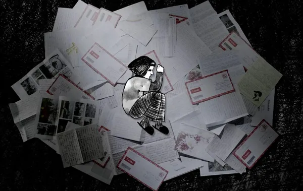 an animated figure curls in the foetal position above a pile of letters