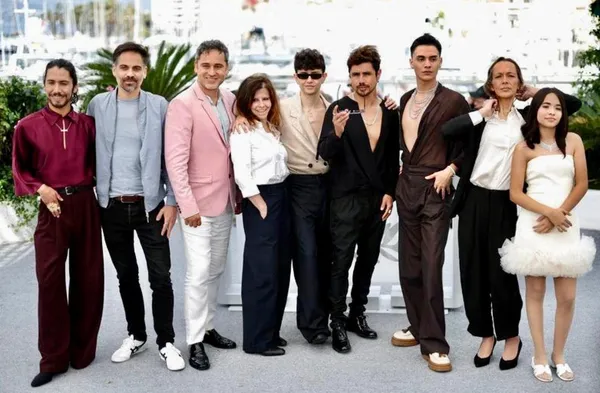 Diego Céspedes, centre, and his team from The Mysterious Gaze Of The Flamingo, winner of the top award in Cannes Un Certain Regard